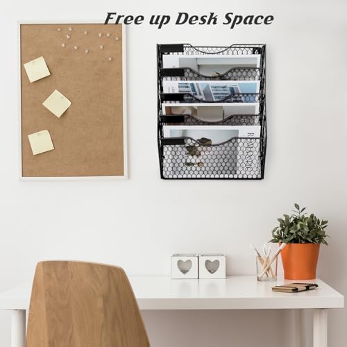 EASEPRES Mail Organizer Wall Mount, 5 Tier Metal Chicken Wire Hanging File Holder Office Storage and Organization - color: Black, size: 5 Tier
