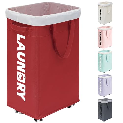 Goodpick Laundry Basket with Wheels,75L Large Roolling Laundry Basket with Removable Wash Bag, Clothes Hamper with Wheels for Laundry Room, Red - color: Red 1-Pack