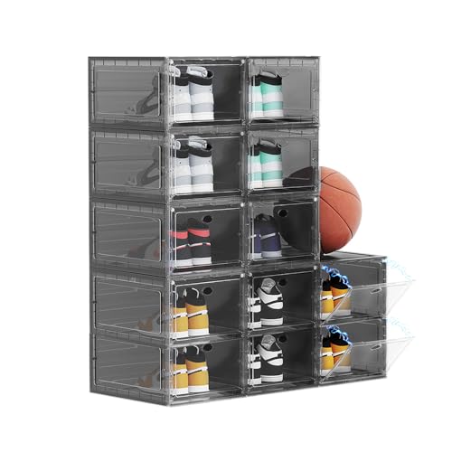 12 PACK Large Shoe Storage Boxes, Shoe Boxes Clear Plastic Stackable, Shoe Organizer for Size 12 (Grey 12 Pack) - color: Ash, size: 12 PACK