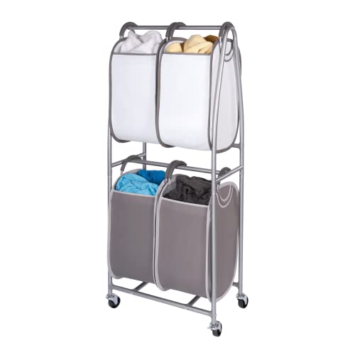 Neatfreak - 2 Tier Vertical Rolling Laundry Cart - Rolling Storage Cart On Wheels With 4 x Tote Hampers For Laundry, Towels, Blankets & Bathroom Organization - Quad Laundry Sorter
