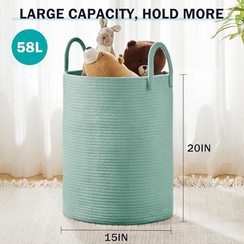 YOUDENOVA Laundry Hamper Basket, Woven 58L Tall Laundry Basket for Blanket Organizer- Nursery Hamper for Bedroom And Bathroom Storage - color: Light Green, size: Tall (58L )