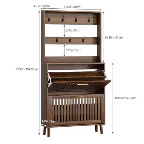 Smart FENDEE Shoe Cabinet for Entryway with 2 Flip Drawers & Coat Rack, Narrow Hidden Shoe Storage Cabinet with Slatted Panel, 2-in-1 Hall Tree Freestanding Shoe Rack Organizer for Hallway, Walnut - color: Walnut, size: Double Layer With Rack
