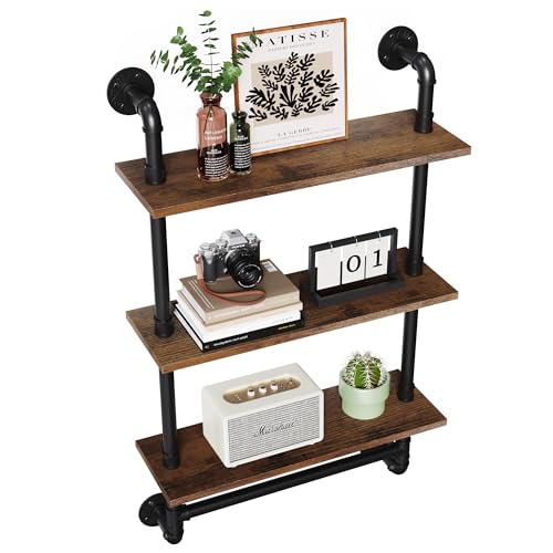 Merapi 24" Industrial Floating Shelves with Tower Bar, Pipe Shelves for Wall, 3 Tier Rustic Wood Wall Shelves for Home Décor, Bedroom, Living Room, Bathroom - style: 3 Tier with Tower Bar