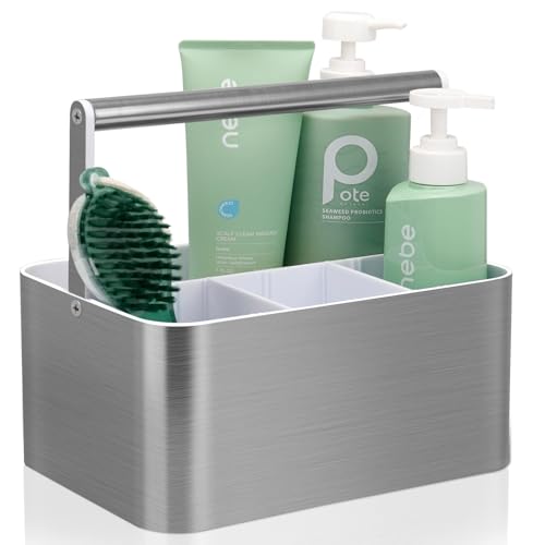 BYUNER Plastic Shower Caddy Dorm - Portable Bathroom Caddy Organizer with Handle and Divider for College Dorm & Shared Bathroom, Hard Shower Tote for Toiletry, Brushed Nickel White - color: Silver / White