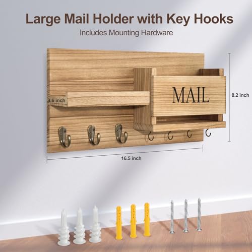 Lwenki Mail Organizer for Wall Mount – Key Holder with Shelf Includes Letter Holder and Hooks for Hallway Farmhouse Decor – Rustic Wood with Flush Mounting Hardware (16.5” x 9.1” x 3.4”) (Wood) - color: Wood
