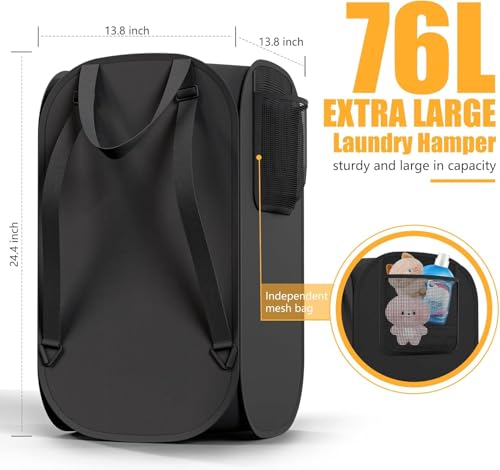 2 Pack Collapsible Backpack Laundry Bag Made by Strong Polyester Oxford Cloth, 76L Heavy Duty Large Hamper with Adjustable Shoulder Strap, Foldable Basket with Mesh Pocket for Dorm, Travel, Apartment - color: Black-Backpack, size: 2-Pack