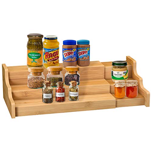 Spice Rack Kitchen Cabinet Organizer- 3 Tier Bamboo Expandable Display Shelf Yellow - color: Yellow