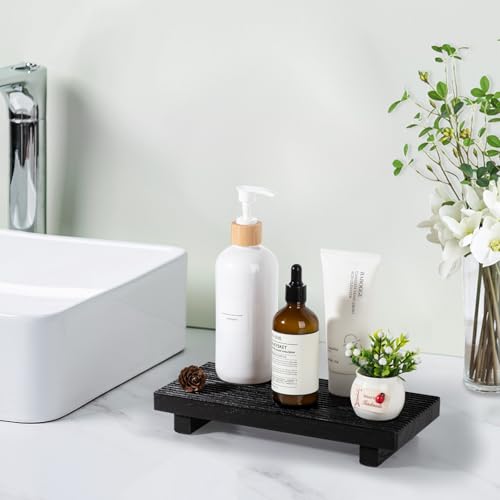 Bathroom Tray Farmhouse Decor Pedestal Stand Wood Riser Display Kitchen Accessories Soap Holder for Sink, Counter, Vanity,10 * 4.5 Black - color: Black, size: 10" x 4.5" x 1.6"