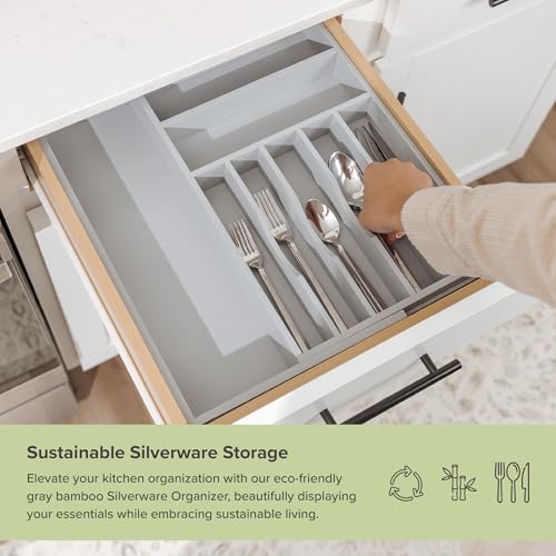 KitchenEdge Premium Silverware, Flatware and Utensil Organizer for Kitchen Drawers, Food-Safe Contract Grade, Expandable from 10.5 to 19 In, Gray Bamboo - color: Gray Bamboo, size: From 10.5" to 19" wide