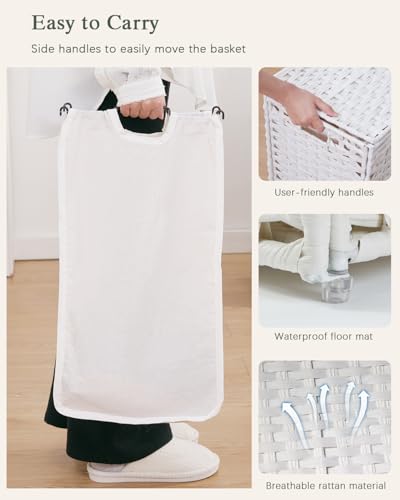 SETVSON Laundry Hamper with Lid Laundry Basket 132 L (35 Gal) Wicker Clothes Hamper, Handwoven Rattan Hamper with Handles and 4 Removable Liner Bags, 6 Mesh Bags for Laundry Bedroom White - color: White, size: 35.0 Gal