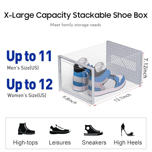 eWonLife Large Shoe Organizer Storage Box with Magnetic Door,12 Pack Clear Plastic Stackable Sneaker Containers for Closet, Connect Left and Right Shoe Box for Entryway, Drop Front, Under Bed (Grey) - color: Grey