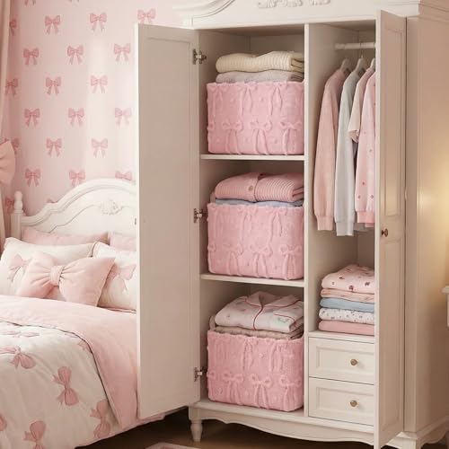 Kathfly 3 Pcs Bow Foldable Storage Baskets Plush Faux Fur Jacquard Design Laundry Basket with Handles Waterproof Storage Bins Fabric Shelf Baskets for Organizing Closet Clothes - style: Bow