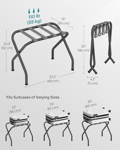 SONGMICS Luggage Rack for Guest Room, Set of 2 Suitcase Stands, Foldable Steel Frame, for Hotel, Bedroom, Holds up to 110 lb, 27.2 x 15 x 20.5 Inches, Slate Gray URLR001G02 - color: Slate Gray, style: Basics