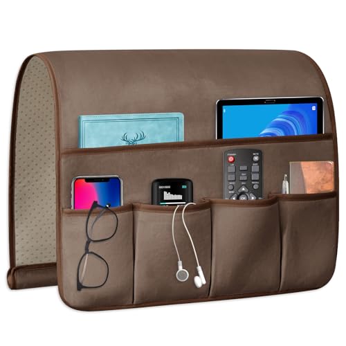 TV Remote Control Holder Couch Caddy, Non-slip Bedside Caddy Organizer with 5 Pockets for Key Glasses Phone Magazine Holders (Brown, 35''x18'') - color: Brown, size: 35''x18''