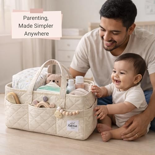 Adonia & Co Diaper Caddy Organizer – Nursery Storage Basket for Newborn Essentials Must Haves & Baby Must Haves – Portable, Machine Washable Baby Diaper Bag Organizer (Beige) - color: Beige