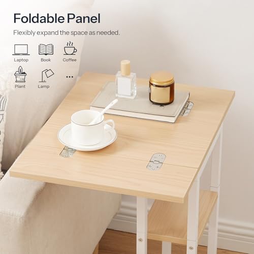 HOOBRO Foldable End Table, C Shaped Side Table with Storage Shelf, Small Snack Table Suitable for Living Room Bedroom Small Spaces, Easy Assembly, White and Natural WN29SF01 - color: White + Natural