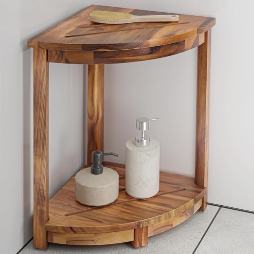 HOLANA 18" Teak Corner Shower Stool for Inside Shower – Teak Corner Shower Bench with Storage Shelf – Shower Foot Rest and Shower Stool for Shaving Legs – Compact Shower Stool for Indoor Use