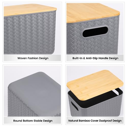 Ohmlove 4 Packs Storage Bins with Bamboo Lids - Plastic Storage Containers with Lids Stackable Storage Box：Storage Baskets for Organizing Desktop Closet Playroom Classroom Office,Gray - color: Gray