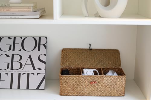 DOKOT Seagrass Woven Storage Basket with Lid, Rectangular Narrow Tampon Toilet Tank Organizer - color: 3 Section with Lid