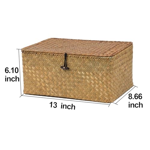 Wicker Storage Basket with Lid, Natural Seagrass Woven Shelf Basket for Storage, Rectangular Decorative Storage Bins Boxes Home Organizer Decor (Natural, Medium) - size: 13" x 8.66" x 6.1"