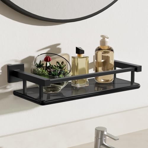 Alise Glass Shelves for Bathroom Wall, Tempered Glass Bathroom Shelf Wall Mounted, Modern Space Saving Floating Shelves 12 inch, Matte Black - color: Matte Black, size: 12 inch