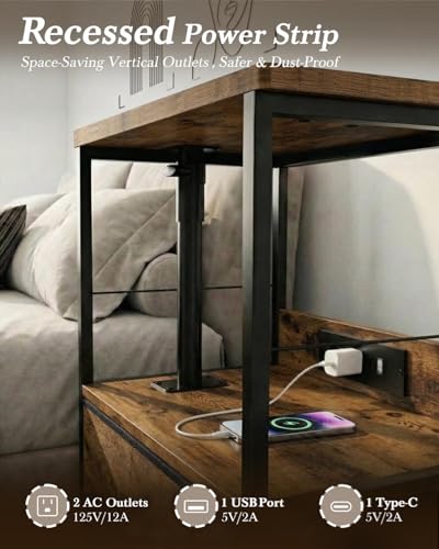 Faesun Swivel Lift Top Nightstand with Charging Station, Vacuum Forming Rolling Side Table for Recliner, Bedside Table with Wheels & a Fabric Drawer, for Small Spaces, for Bedroom, Living Room, Brown - color: Brown, size: 1 Drawer (Vac-Form)