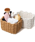 Small Macrame Woven Storage Baskets 2 Pack – Boho Cotton Rope Bins for Bathroom, Bedroom, Desk & Vanity Organizer – White & Khaki, 7x5.5x5 Inches - color: White & Khaki