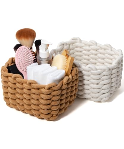 Small Macrame Woven Storage Baskets 2 Pack – Boho Cotton Rope Bins for Bathroom, Bedroom, Desk & Vanity Organizer – White & Khaki, 7x5.5x5 Inches - color: White & Khaki
