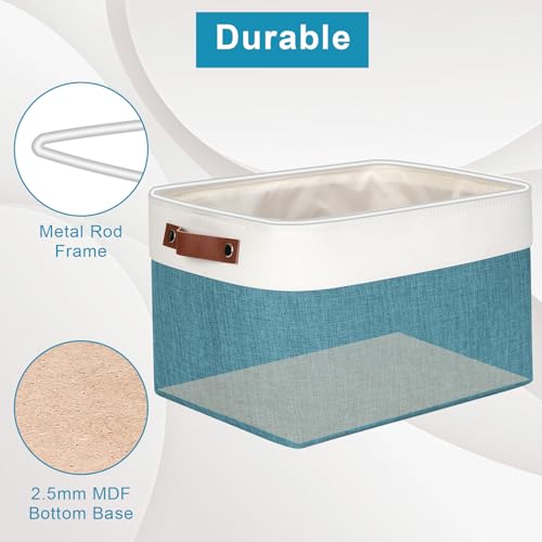 Bagnizer Storage Bins Large Fabric Storage Baskets for Shelves 3 Pack, Decorative Linen Closet Baskets with Handles for Organizing, Shelf, Clothes, Home, Office, 15x11x9.5Inches (Teal&White) - color: Teal / Off-White, size: Large -15"x11"x9.5"