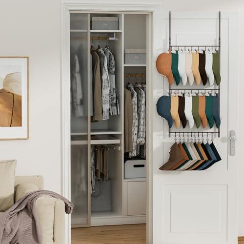 HapiRm Over Door Hat Rack - 3 Tier Wall Mounted Hat Organizer with 16 Hooks and 10 Movable Clips, Cap Hanger Storage up to 26 Caps for Door, Bedroom, Closet USPTO Patent Pending - color: Brown, size: 3 Tier