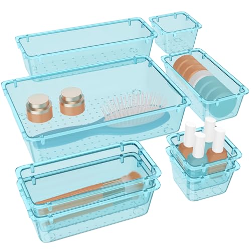 WOWBOX 8 PCS Plastic Drawer Organizer Set, 4 Sizes Desk Drawer Organization and Storage Containers for Makeup, Cosmetics, Jewelry and Gadgets in Kitchen, Bathroom, Bedroom, Office, Clear Sea Blue - color: Sea Blue, size: 8 PCS