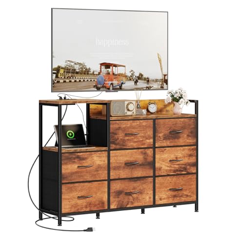 DUMOS TV Stand Dresser with 8 Fabric Drawers & Open Shelves, TV Stand for Up to 45 inch TV with Wooden Top, Entertainment Center with Charging Station for Living Room, Hallway, Brown - color: Brown, size: 47.24"D x 11.8"W x 33.85"H (8 Drawers)