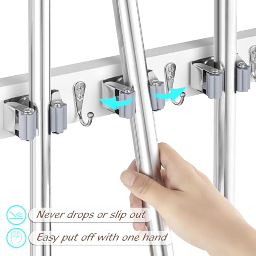OUTNILI Mop and Broom Holder Wall Mount - White Broom Mop Hanger - Wall Mounted Garden Tool Rack Organizer for Closet Garage Laundry Room Kitchen Decor With 5 Slots & 4 Hooks - color: White-5 Grips, size: 1 Pack