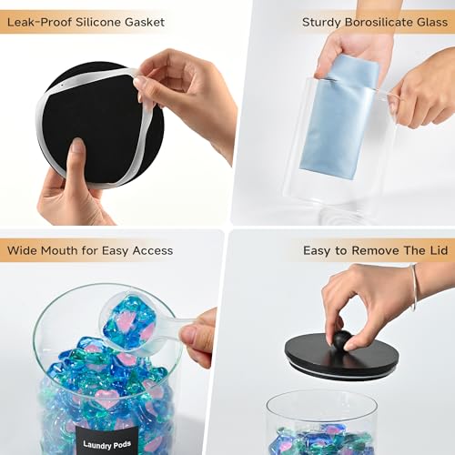 Glass Laundry Pods Container & Acrylic Dryer Sheet Holder with Balck Bamboo Knobs Lids, Scoops & Labels | Premium Laundry Room Organization and Storage for Detergent Pods, Powder, Dryer Balls & Beads - color: Black Cap with handle