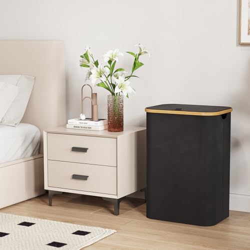 Lifewit 80L Laundry Basket with Lid, Clothes Hampers for Laundry with Bamboo Handles and 1 Removable Bag, Large Foldable Laundry Hamper for Bedroom, Bathroom, Dorm, Laundry Room, Black - color: Black, size: 80L