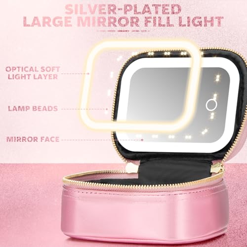 Mini Makeup Bag with Led Mirror,Small Travel Make up Bag 3 Light Modes Adjustable Brightness, for Women Organizer Cosmetic Bag, Portable Travel Train Toiletry Bag, for Pool Parties Work Touch-Ups - color: Roses
