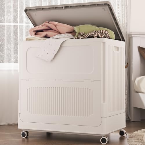 HAIXIN HOME Rolling Laundry Hamper with Lid, 130L Large Capacity Clothes Hampers for Laundry, Plastic Collapsible Laundry Baskets with Wheels and Lid, Install-Free & Easy to Transport to Laundry Room - color: Milky, size: 130L - 1 Pack