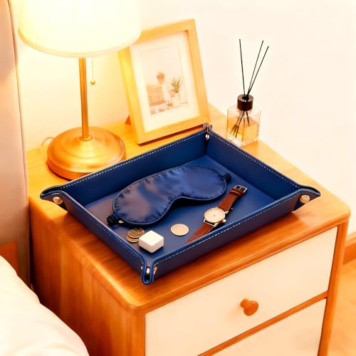 Leather Valet Tray Catchall Organizer, Navy Blue Desktop Storage for Keys, Coins, Wallet, Phone, Jewelry | Multi-Use Entryway Table, Desk & Nightstand Storage for Men & Women (Blue) - color: Blue