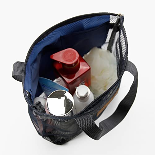 TOPASION Mesh Shower Caddy Bag Portable Hanging Toiletry and Bath Organizer with Zipper for Travel, Gym, Camping, College Dorms, Beach - color: Navy Blue