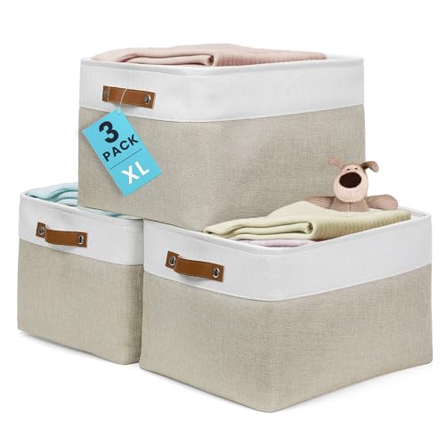 OrganiHaus Extra Large Fabric Storage Baskets for Shelves 3 Pack, 16x13in Closet Storage Bins, Canvas Baskets for Organizing, Linen Closet Organizers, Cloth Basket, Beige/Off-White - color: Beige / Off-White, size: Extra Large - 3pc