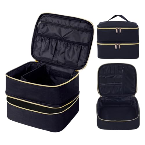 Double Layer Makeup Bag Portable Large Cosmetic Case Organizer with Adjustable Dividers Storage Travel Bag for Accessories Brushes Conditioner and Skin Care Products (Black) - color: Black