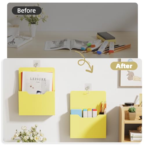 2 Pack Magnetic File Holder - Paper Holder, Pocket Organizer,Hanging Wall File Organizer Office Supplies Storage, Magazine Mail Organizer Case for Notebooks,Planners,Letter (Yellow) - color: Yellow Holder-2L