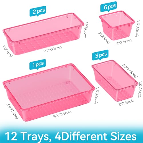 ElegantArray 12 PCS Drawer Organizer Set, 4 Sizes Tool Storage Trays, Clear Plastic Makeup Vanity Organizer and Storage Bins for Stationeries, Multiple Gadgets for Office, Bedroom, Pink - color: Pink, size: 12 PCS