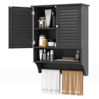 Tangkula Wall Mounted Bathroom Cabinet with Open Shelf & Bar, Medicine Cabinet with Double Louvered Doors, Wall Storage Cabinet with Adjustable Shelf, for Bathroom Living Room Kitchen (Black) - color: Black