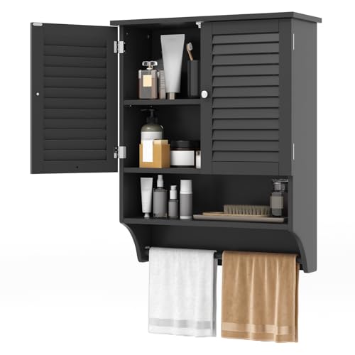 Tangkula Wall Mounted Bathroom Cabinet with Open Shelf & Bar, Medicine Cabinet with Double Louvered Doors, Wall Storage Cabinet with Adjustable Shelf, for Bathroom Living Room Kitchen (Black) - color: Black