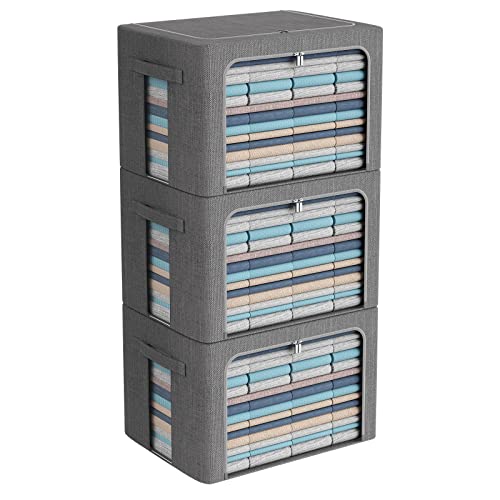 CYhom 3Pack Foldable Storage Bins - Frame Storage Box Linen Fabric Stackable Clothes Container Organizer with Clear Window & Carry Handles Large Capacity (Extra Large-100L, Dark Gray) - color: Dark Gray, size: Extra Large-100L