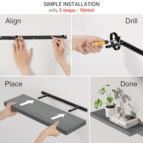 BAYKA Grey Floating Shelves for Wall 22.5 inch, Wall Mounted Shelf for Bedroom, Living Room, Kitchen – Wood with Hidden Metal Brackets, 22LBS Capacity, 6.7” Deep – Storage for Books, Plants, Decor - color: F. Grey - Industrial Edge Style, size: 22.5inches