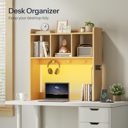 HOOBRO Desktop Bookshelf, Office Desktop Shelf, Desk Hutch with Outlets, Wooden Office Desktop Bookcase, Desktop Organizer Shelf with LED Light Strip and 3 Hooks, for Home, Study, Natural NL12UDSJ01 - color: Natural