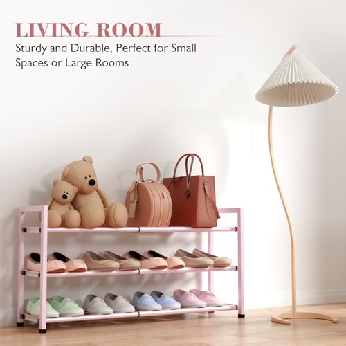 Bumusty 3-Tier Expandable Shoe Rack for Closet, 18“-33” Adjustable Shoe Rack for Small Space, Small Shoe Organizer for Front Door, Sturdy Metal, Pink - color: Pink, size: 3-Tier