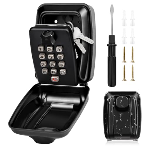 Key Lock Box for Outside, Sturdy Waterproof Wall Mount Lock Box for House Key, 12-Digit Combination Resettable Large Capacity Security Lockbox for Home, Garage, Office, Warehouse - color: A-Black
